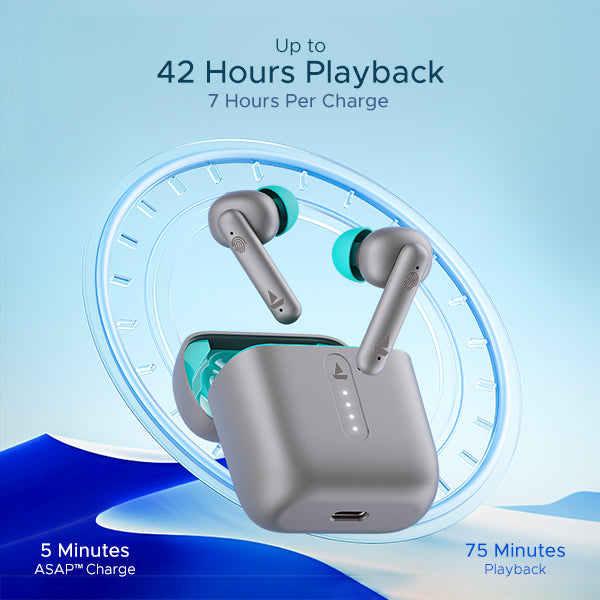 boAt Airdopes 141 offers 42 hours of total playback time with ASAP Fast Charge for non-stop entertainment.
