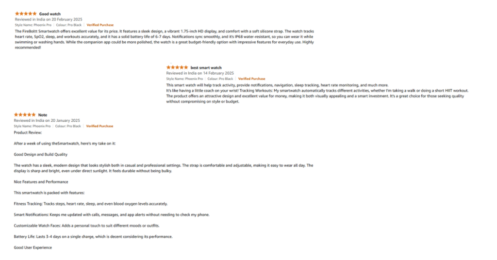 Amazon customer reviews of Fire-Boltt Phoenix Smartwatch.