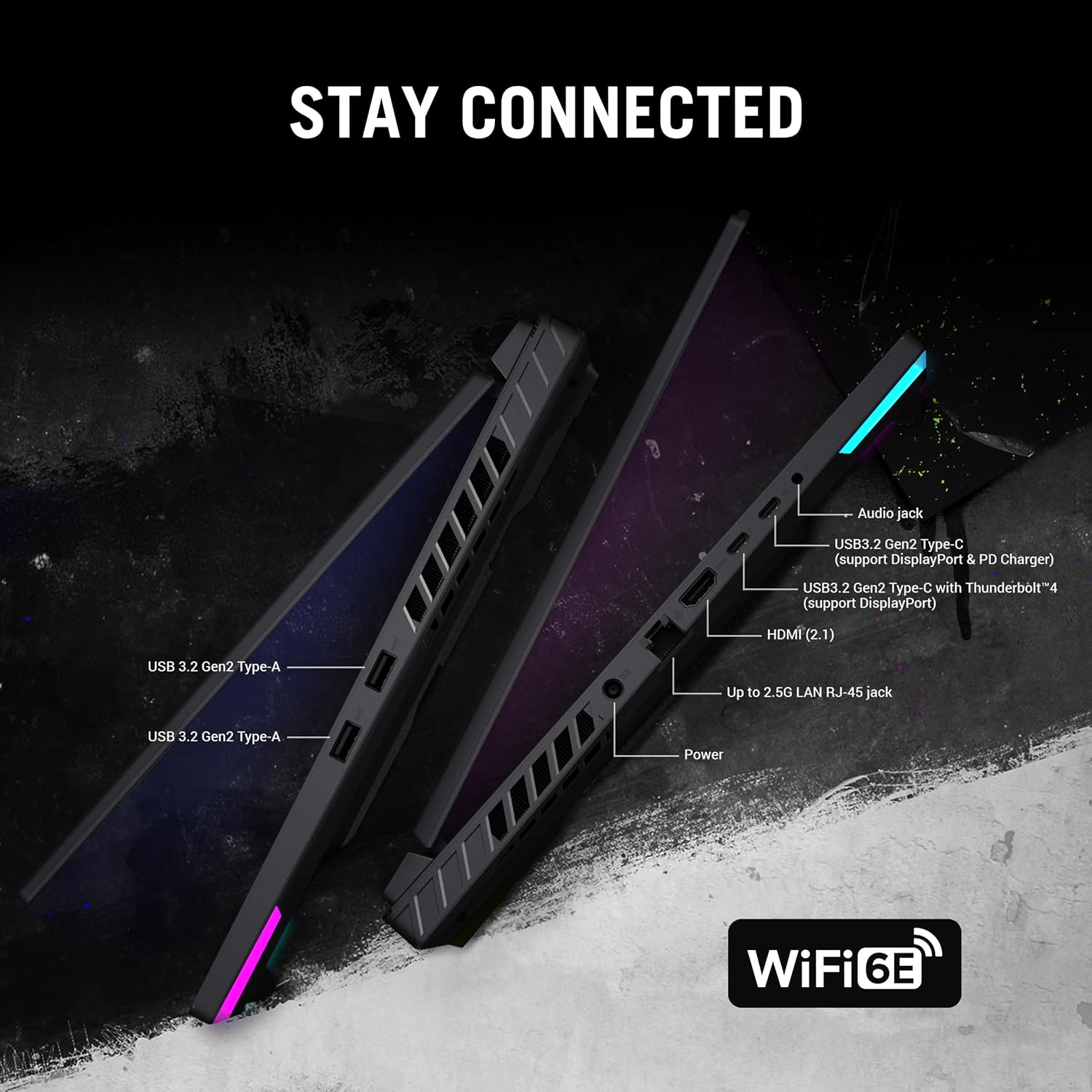 Versatile Port Selection on ASUS ROG Strix G16, Including Thunderbolt 4.